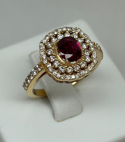 ANILLO ORO 18 KTE CON RUBI MARQUESA Y DIAMANTES